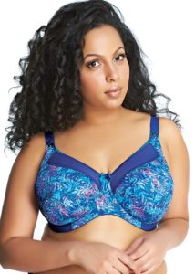 Kayla, by Goddess, has wide wires and slightly in-set straps. The cups are full coverage and neither super projected nor shallow.